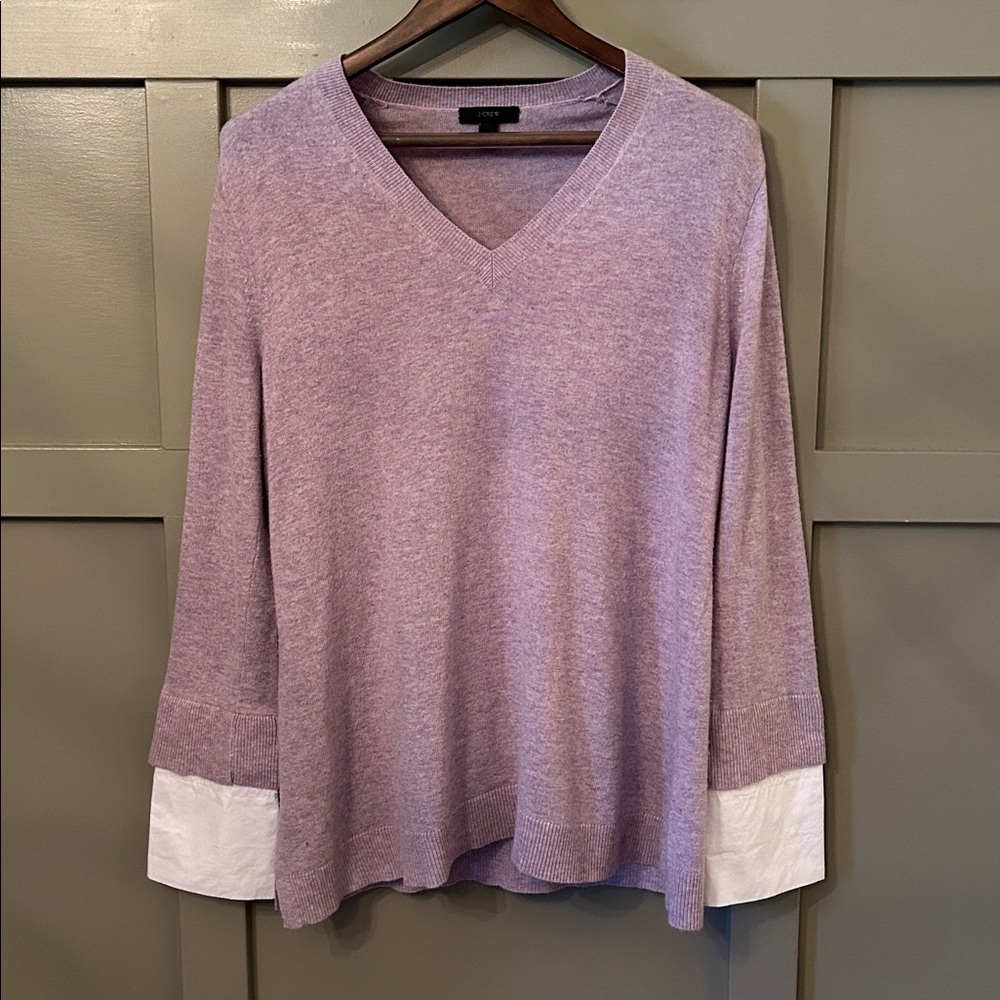 J. Crew V-Neck Sweater With Shirt Cuffs Wool Blend Heather Orchid Size Medium